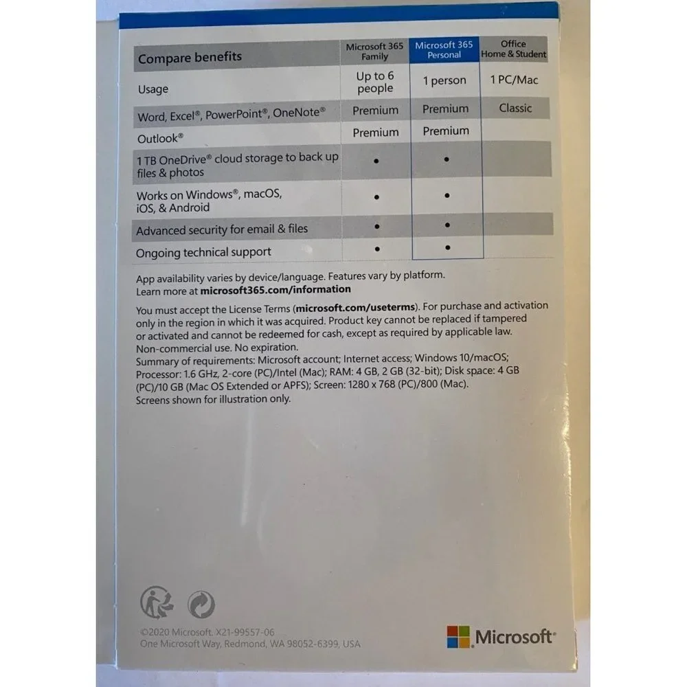 NWT Microsoft 365 Personal 12 mon. subscription, Cloud storage, Adv. sec…